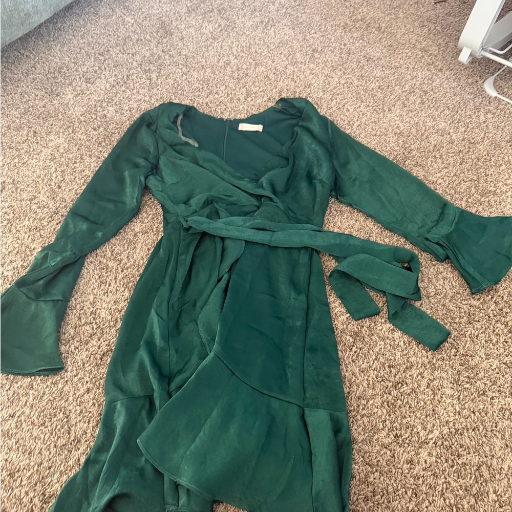 Altar'd State Deep Green Wrap Dress with Self-Tie Waist